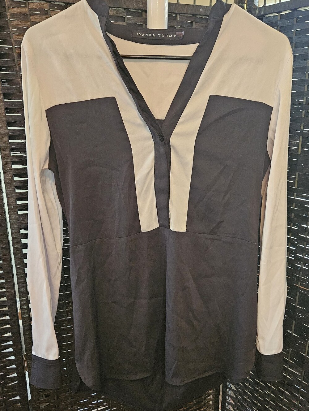 Ivanka Trump Two-Tone Black and Cream V-Neck Blouse
